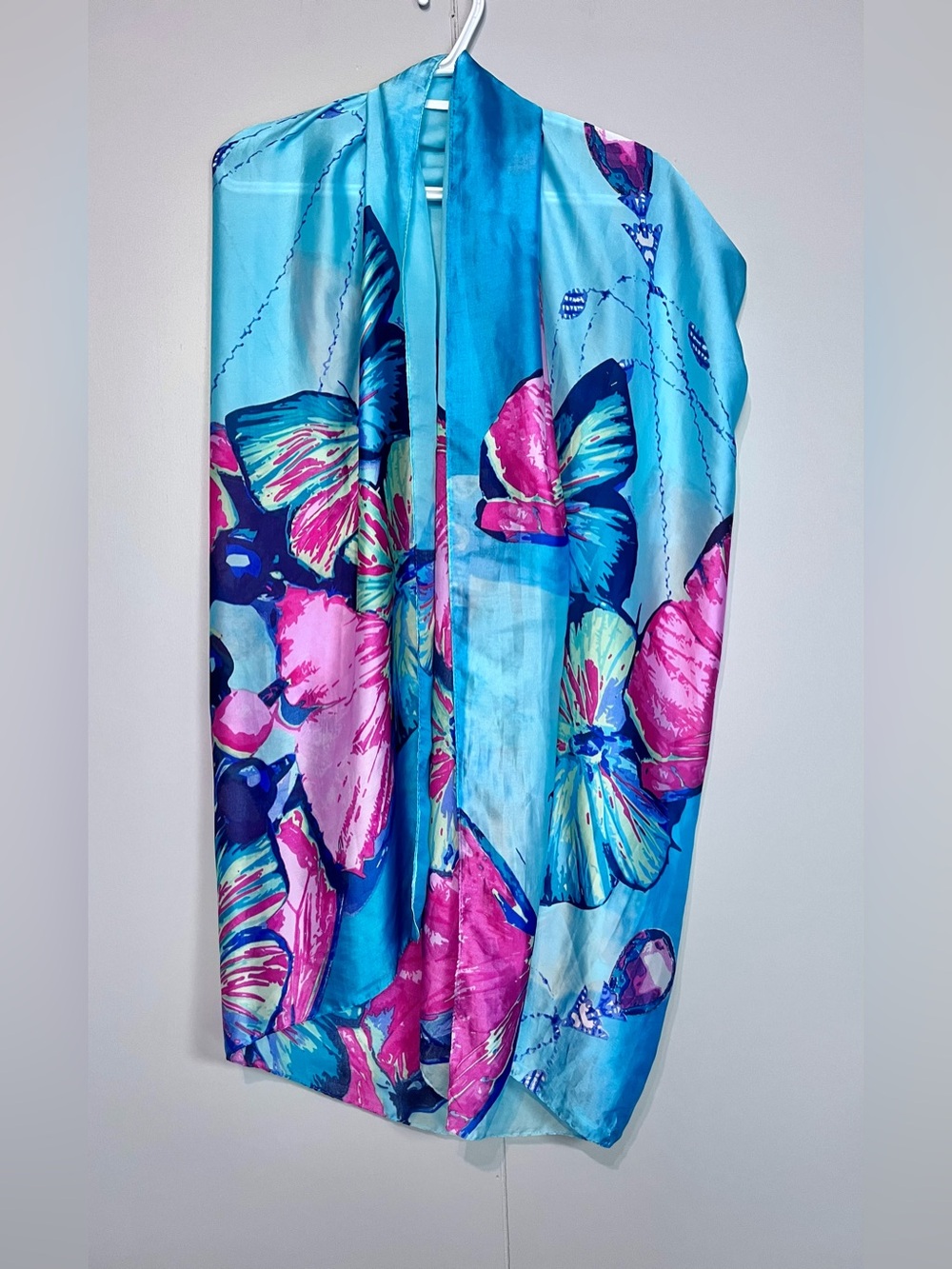 Laura Butterfly Print Oblong Scarf Blue Pink Lightweight Fashion Wrap